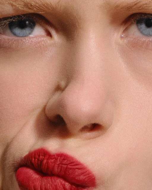 Close-up of an adult female face featuring blue eyes and red lipstick, revealing details of beauty and facial features.