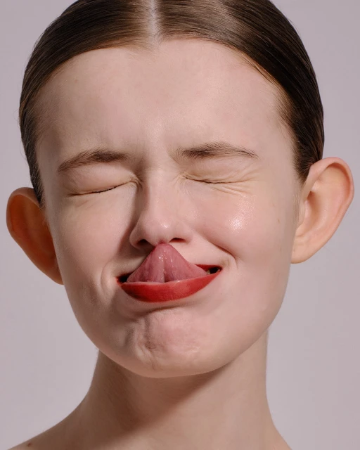 Close-up portrait of an adult woman with brown hair and red lipstick playfully sticking out her tongue against a light gray backdrop.