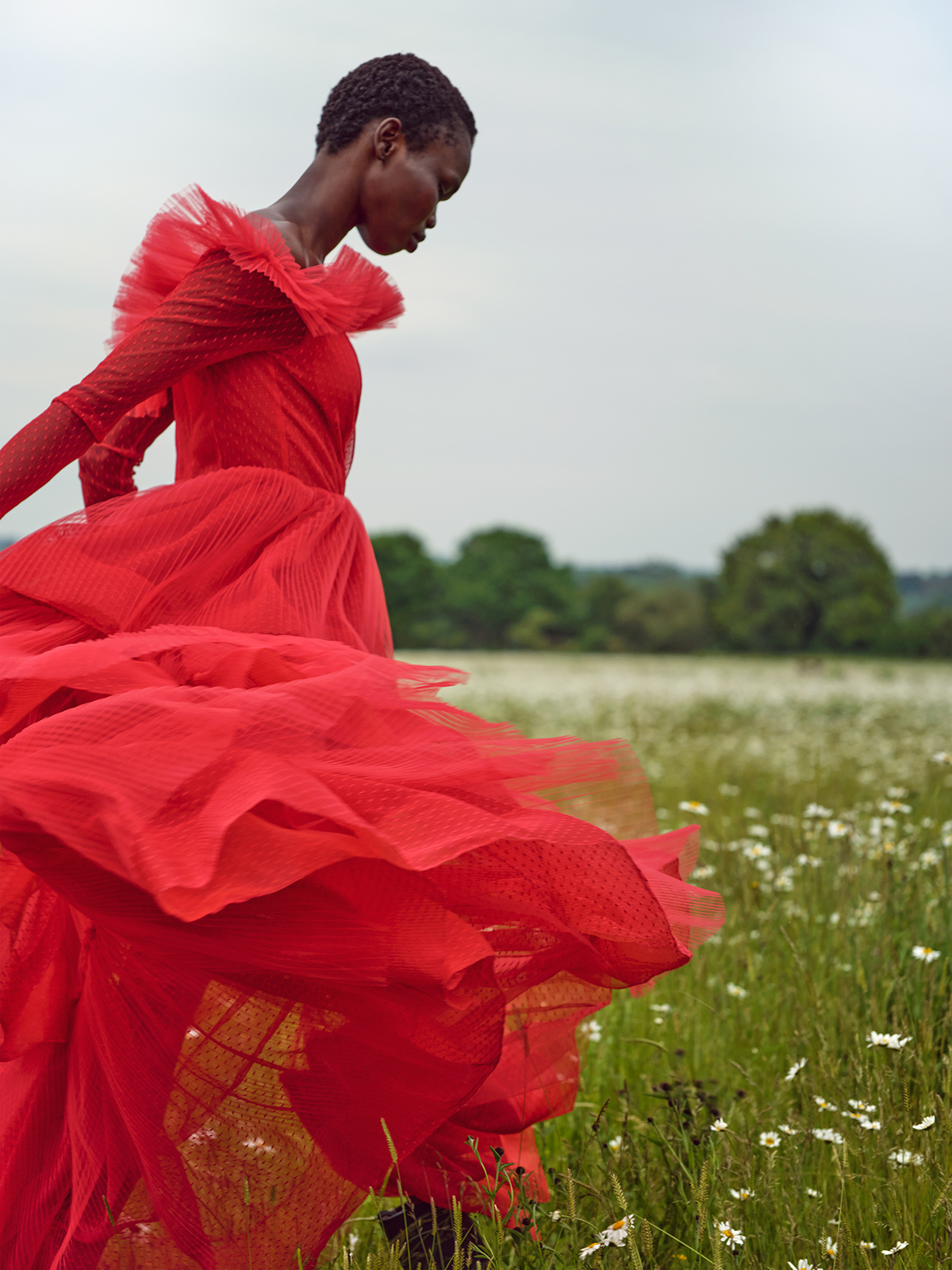 Woman in red tulle dress poses in a field of daisies under an overcast sky, evoking a sense of dreamy fashion and natural beauty.