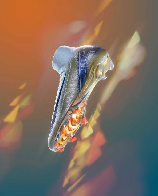 Close-up studio shot of a high-performance soccer cleat, featuring an aerodynamic design, vibrant orange and blue accents, and textured surface.