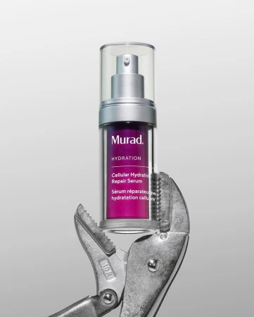 Murad Hydration Cellular Hydration Repair Serum bottle held by metal pliers against a light grey background in a product shot.