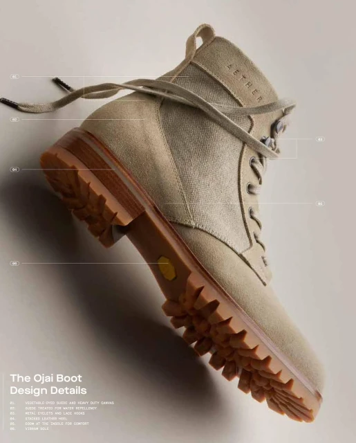 Tan-colored Aether Ojai boot featuring durable oiled canvas, heavy duty canvas, and metal eyelets, against a pale gradient background.