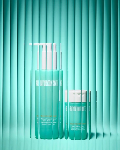 Beautycounter skincare products in aqua tones, featuring a serum bottle and face wash with white pumps, against a textured backdrop.