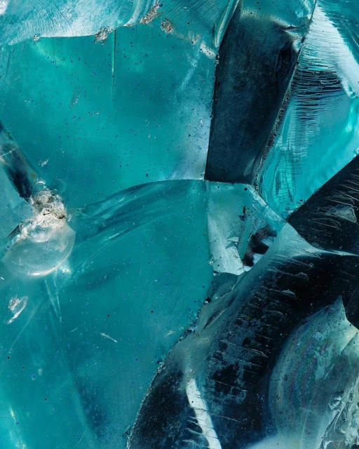 Macro image featuring fractured shards of translucent cyan glass, showcasing sharp edges, crystalline patterns, and light refraction.