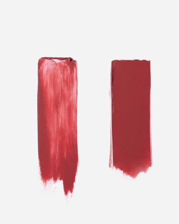 Two vertical red lipstick swatches on a clean white background, showing glossy and matte cosmetic textures.