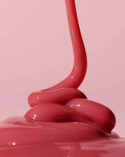 Close-up shot of thick, glossy pink fluid dripping and pooling against a pale pink backdrop, highlighting texture and movement.