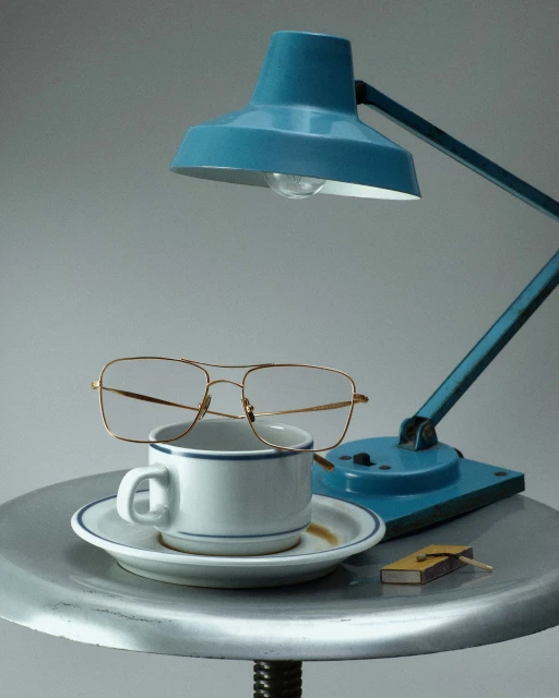 A vintage-style still life photograph featuring a teal desk lamp, glasses, a white cup and saucer, and a matchbox on a metal table.