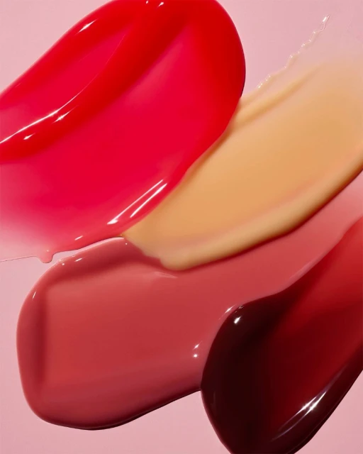 Closeup of smears of lip gloss in shades of red, pink, brown, and beige on a light pink background. Beauty product shot.