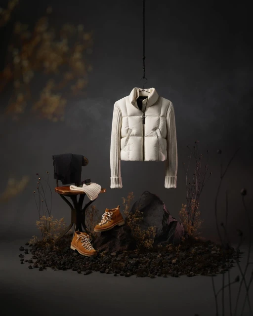 Studio shot of an off-white puffer jacket hanging above brown hiking boots, placed on rocky terrain against a dark backdrop with dried floral elements.