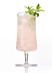 A tall glass filled with a pink cocktail, crushed ice, and fresh mint leaves on a white background.