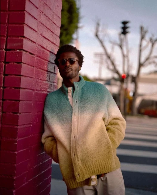 Stylish African American man leans against a red brick wall on a city street. He wears sunglasses and a blue and tan cardigan.
