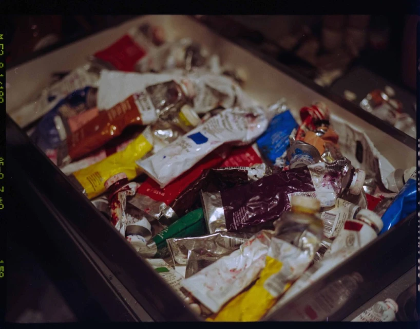 Overhead shot of a bin filled with a disorganized assortment of used paint tubes, showcasing a variety of colors and textures.