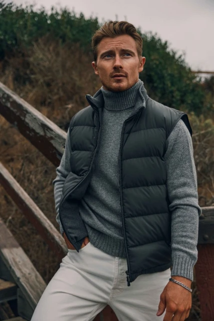 Man in a puffer vest and turtleneck sweater stands on wooden steps outdoors, showcasing fashion and lifestyle in overcast weather.