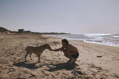 Man crouching on a sandy beach interacting with a yellow labrador dog near the ocean waves
