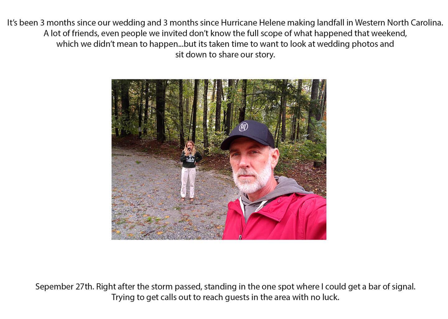 Two people in a forest setting; an adult male takes a selfie while an adult female holds a phone in the background.