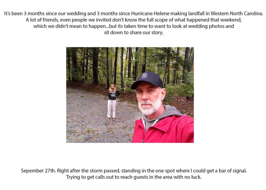 Two people in a forest setting; an adult male takes a selfie while an adult female holds a phone in the background.