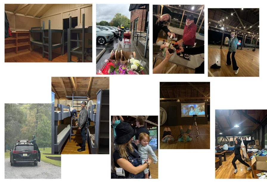 Collection of scenes featuring indoor and outdoor activities: camping, group gatherings, movie watching, and recreational fitness activities.