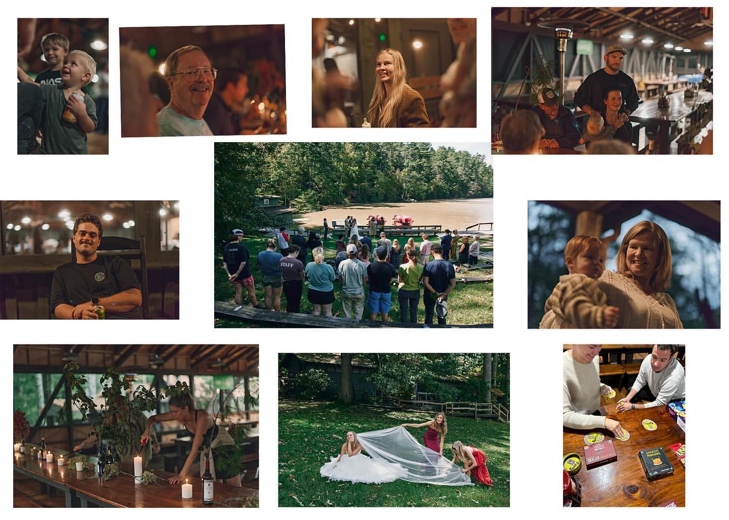 Collage of group event scenes with people gathered outdoors, banquet tables being decorated, and a bride preparing with her bridesmaids.