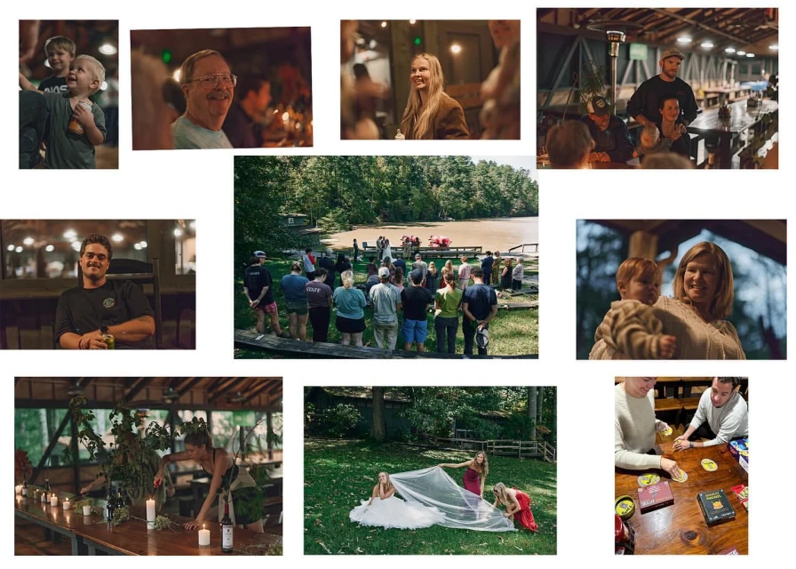 Collage of group event scenes with people gathered outdoors, banquet tables being decorated, and a bride preparing with her bridesmaids.