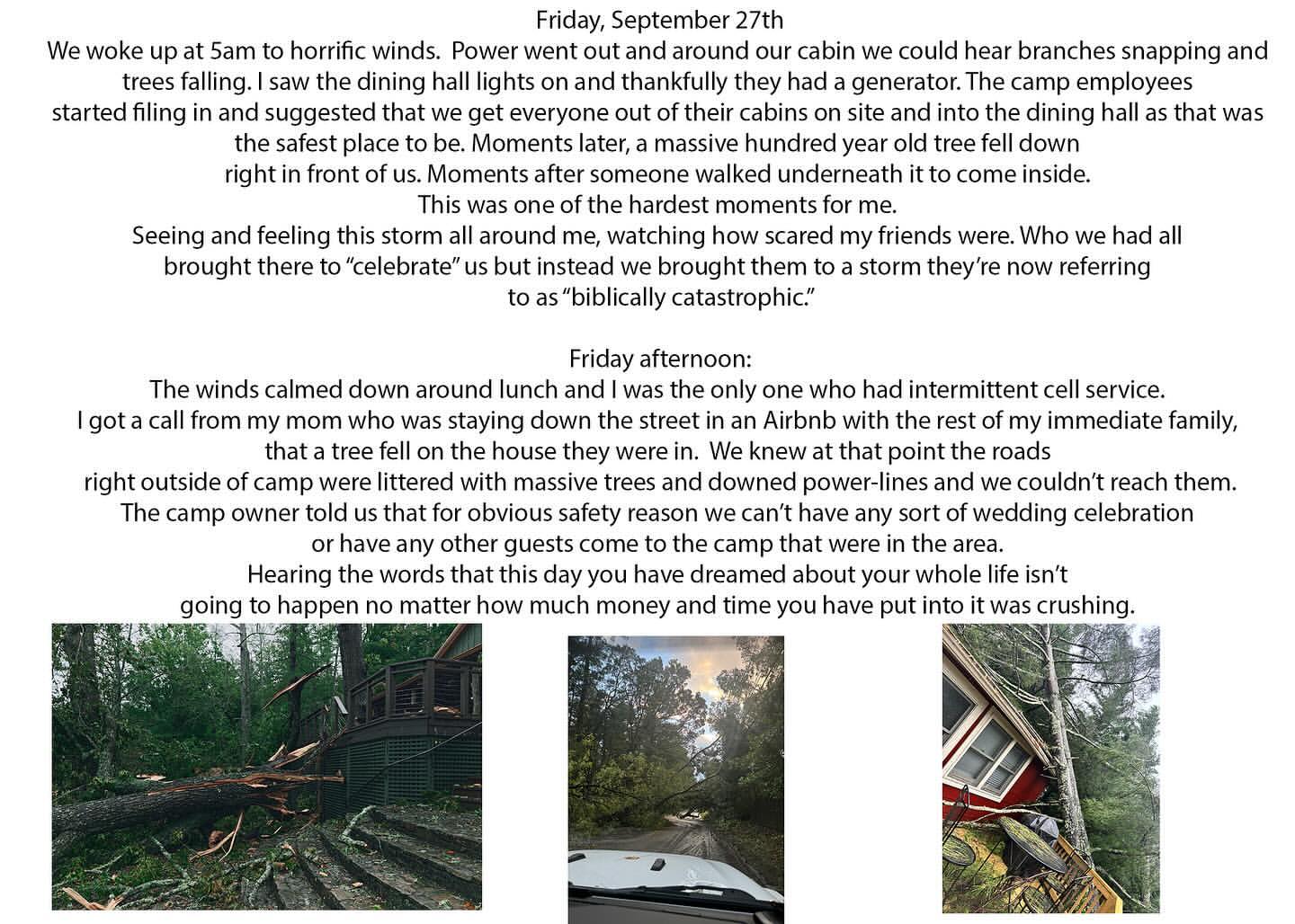 Storm damage: Fallen tree on steps of building, damaged forest path with fallen trees, and tree resting on house.
