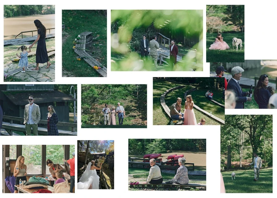 Outdoor celebration with a group of people dressed in wedding attire, alongside a child, a dog, and a wooden track.