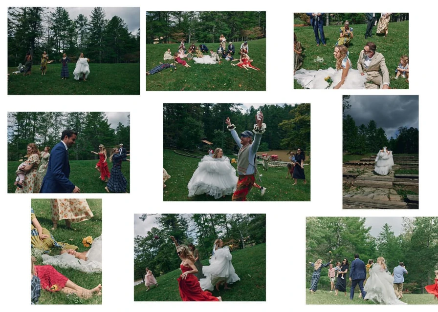 Outdoor wedding celebration with a bride in a white gown, groom, and guests on a grassy field surrounded by trees on a bright day.