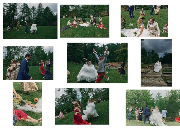 Outdoor wedding celebration with a bride in a white gown, groom, and guests on a grassy field surrounded by trees on a bright day.