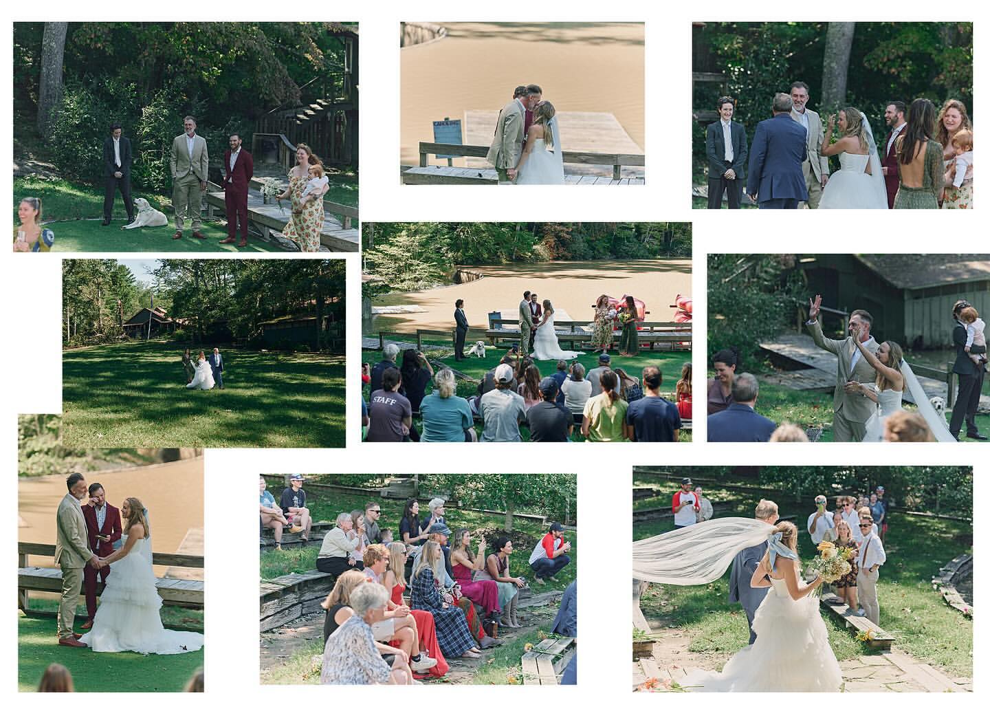 Outdoor wedding ceremony with bride and groom standing on a wooden deck near a lake, surrounded by seated guests and greenery.