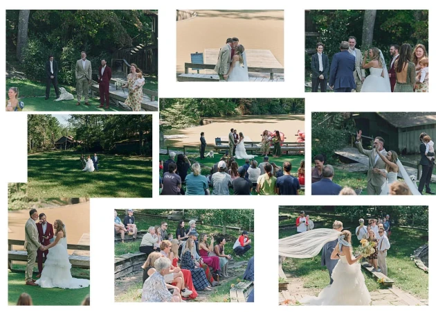 Outdoor wedding ceremony with bride and groom standing on a wooden deck near a lake, surrounded by seated guests and greenery.