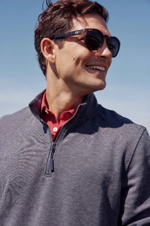 Man wearing tortoise-shell sunglasses, grey quarter-zip pullover, and red collared shirt under clear blue sky.