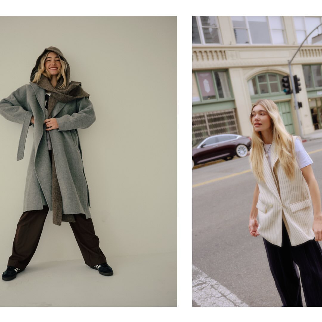 Two fashion shots show a blonde woman in different outfits: a grey coat with a scarf indoors and a vest and t-shirt on a city street.