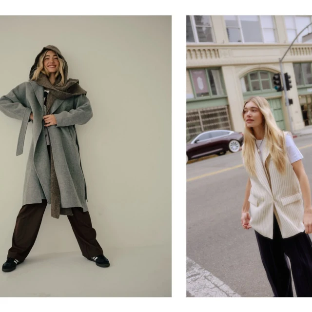 Two fashion shots show a blonde woman in different outfits: a grey coat with a scarf indoors and a vest and t-shirt on a city street.