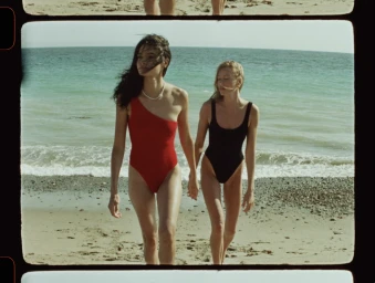 Two women walking together on a sandy beach holding hands, wearing one-piece swimsuits under bright sunlight.
