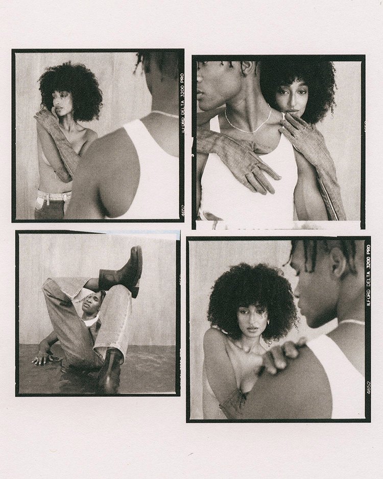 Black and white studio shot of an embracing couple in white tops and jeans, presented as four distinct frames within a single image.