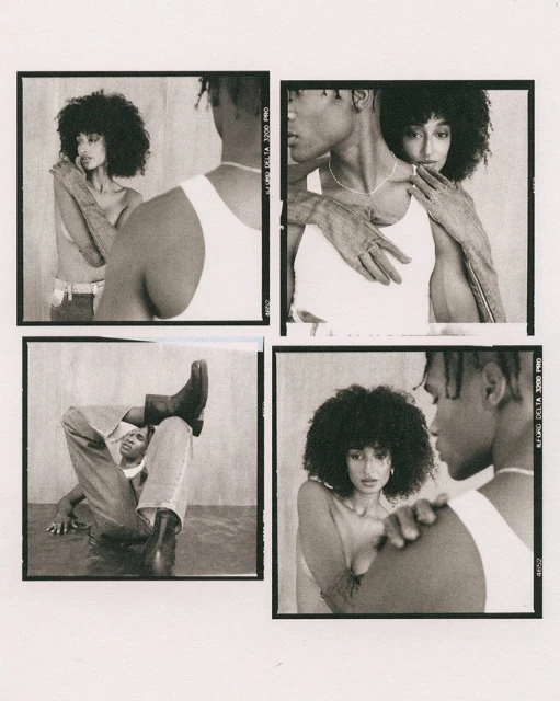 Black and white studio shot of an embracing couple in white tops and jeans, presented as four distinct frames within a single image.