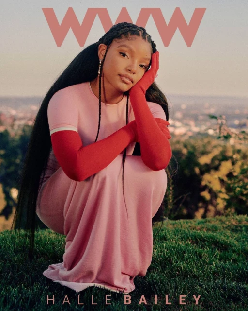 Halle Bailey in a pink dress poses outdoors on a hillside with a city skyline in the background for a magazine cover shoot.