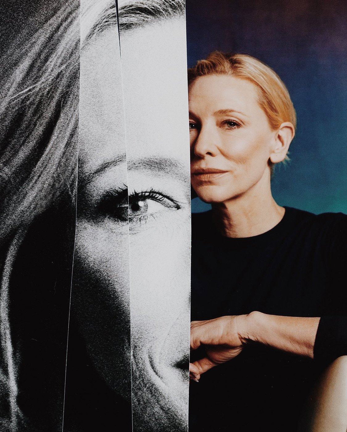 Portrait of fair-skinned woman with blonde hair, black top, and collage effect from photo strips creating a unique visual effect.