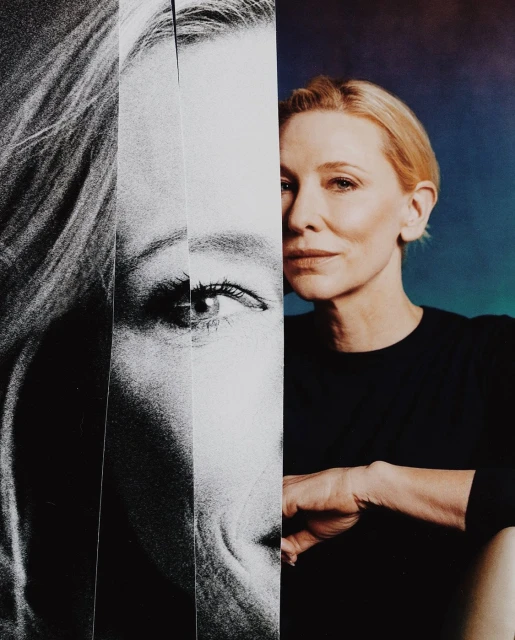 Portrait of fair-skinned woman with blonde hair, black top, and collage effect from photo strips creating a unique visual effect.