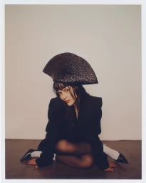 A woman in a black blazer and structured fan-shaped hat sits cross-legged against a neutral wall in a polaroid portrait.
