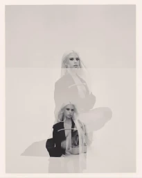 Monochrome multiple exposure portrait of a blonde woman wearing a dark blazer and hoop earrings against a light background.