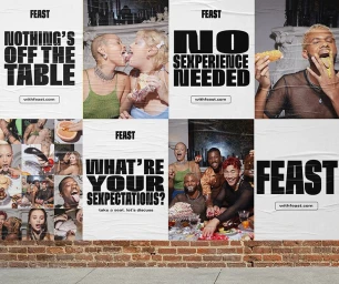 Wheatpaste poster campaign collage featuring diverse people eating and bold typography on a brick wall.
