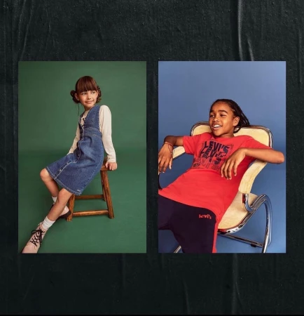 Two portraits of children modeling apparel against solid backdrops, photographed by Dan Dealy in Los Angeles.