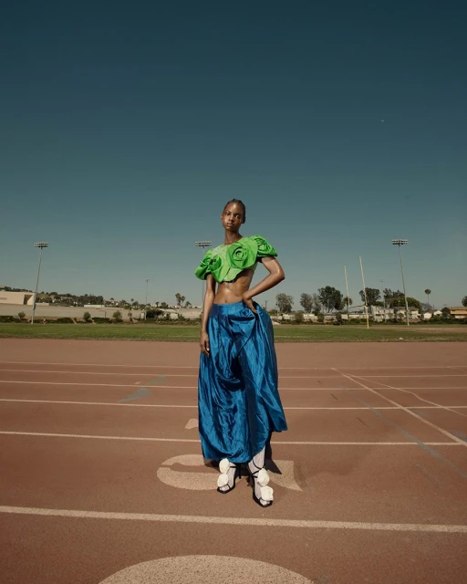 Fashion portrait of a person on a running track with a bright green top and shiny blue skirt on a sunny day with blue sky.