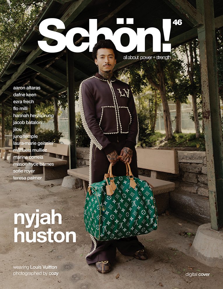Schön! magazine cover featuring Nyjah Huston in a tracksuit holding a Louis Vuitton bag, photographed outside with greenery.