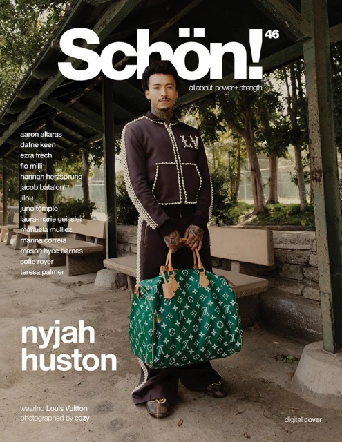 Schön! magazine cover featuring Nyjah Huston in a tracksuit holding a Louis Vuitton bag, photographed outside with greenery.