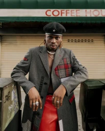 Man wearing a grey patchwork coat, red leather pants, and a black beret with a star, leaning against a storefront in Los Angeles.