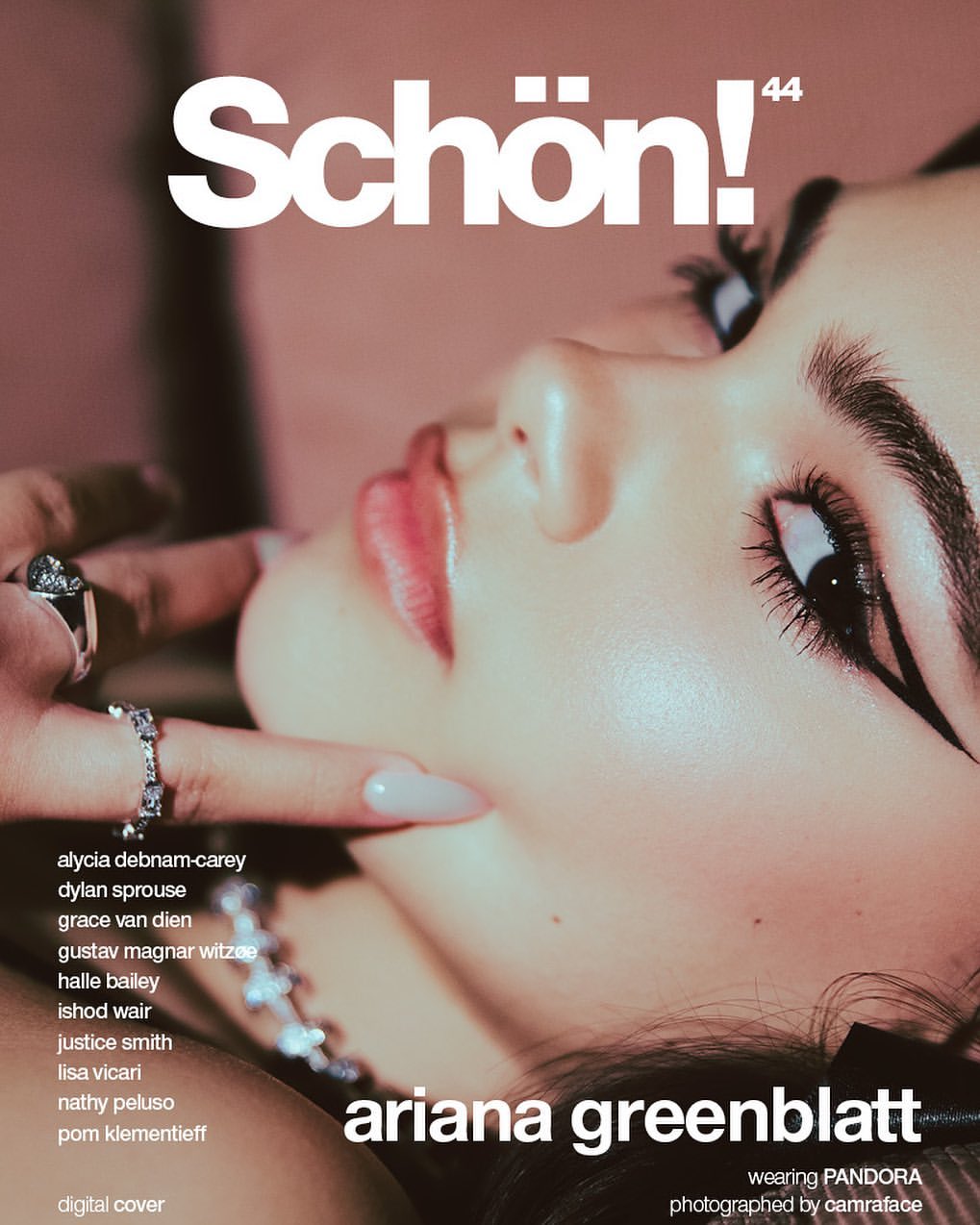 Schön! magazine cover featuring Ariana Greenblatt with visible jewelry, makeup, and long nails, photographed by camraface wearing PANDORA.