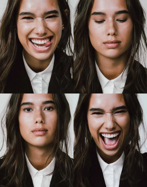 Collage of a young adult female with long brown hair wearing a white shirt and black jacket, expressing a range of emotions in four headshots.