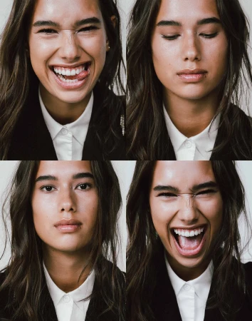 Collage of a young adult female with long brown hair wearing a white shirt and black jacket, expressing a range of emotions in four headshots.