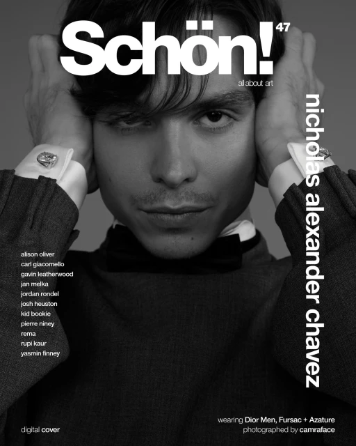 Black-and-white magazine cover features Nicholas Alexander Chavez in close-up. The masthead 'Schön!' is at the top left.